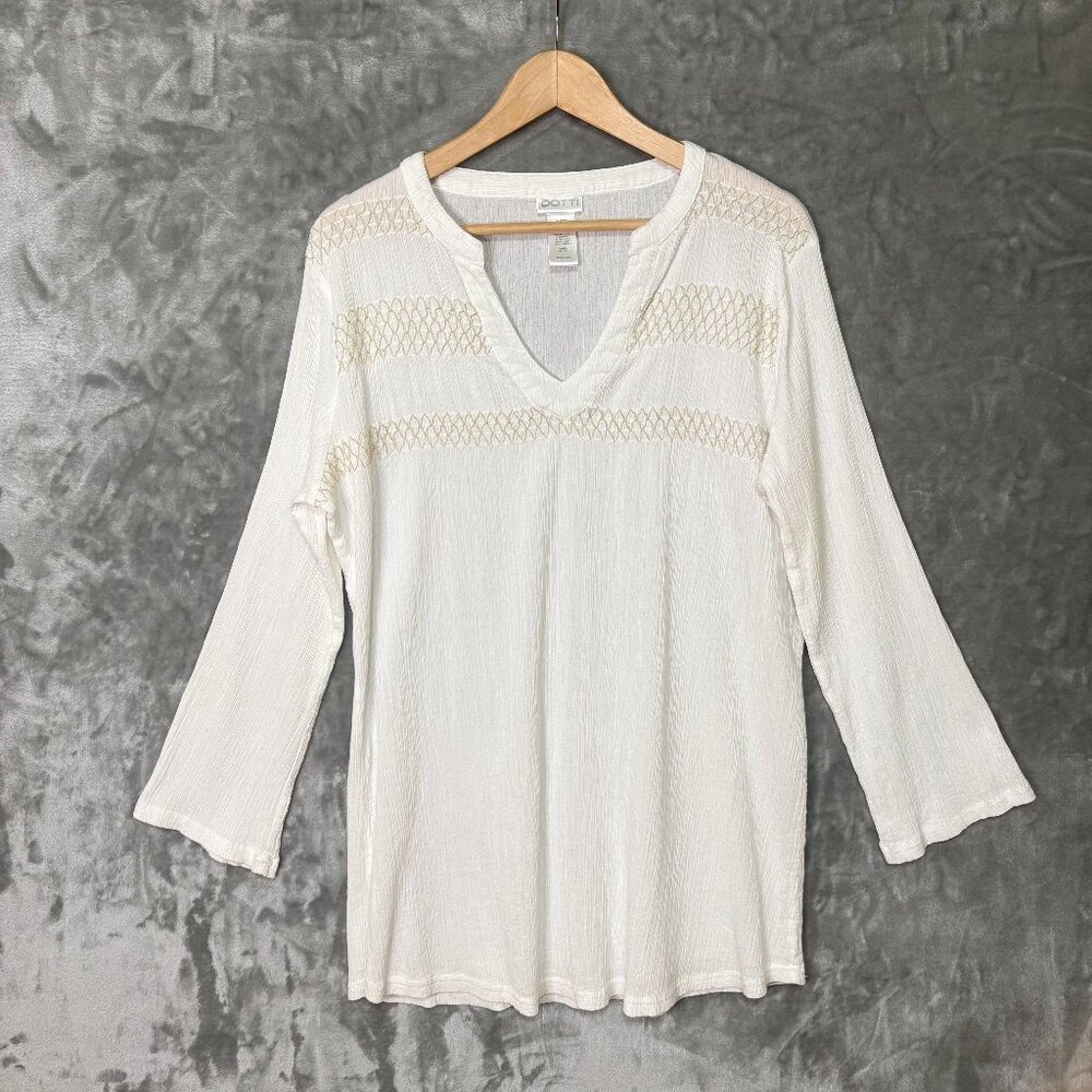 Dotti Womens Crinkle Tunic Swim Cover Up Top Size Large White V-Neck Beach‎ Boho